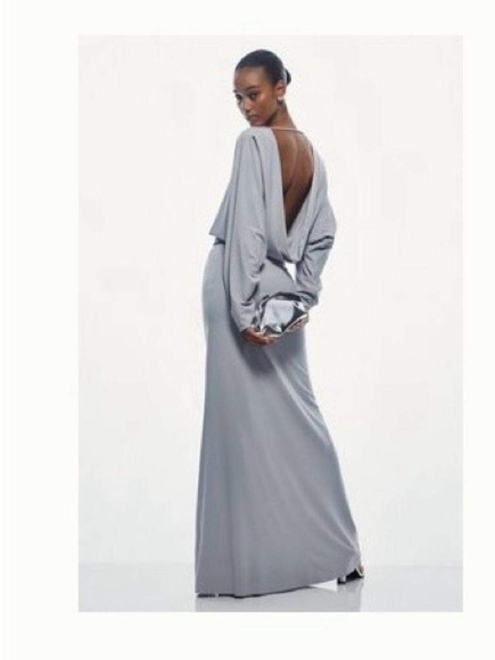 Anthropologie Silver-Gray Backless Long Sleeve Maxi Dress